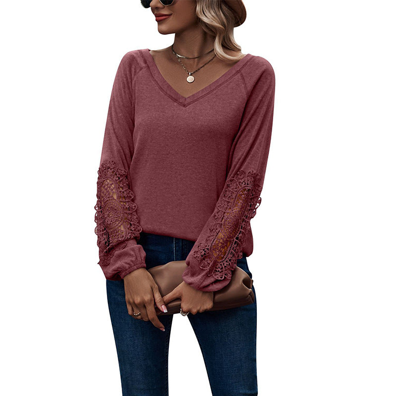 V-Neck Long Sleeve Top with Lace Detail in 5 Colors Sizes 4-20