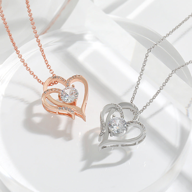 Double Heart Rhinestone Necklace in 2 Colors