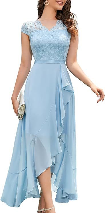 V-Neck Short Sleeve Formal Dress with Lace Bodice