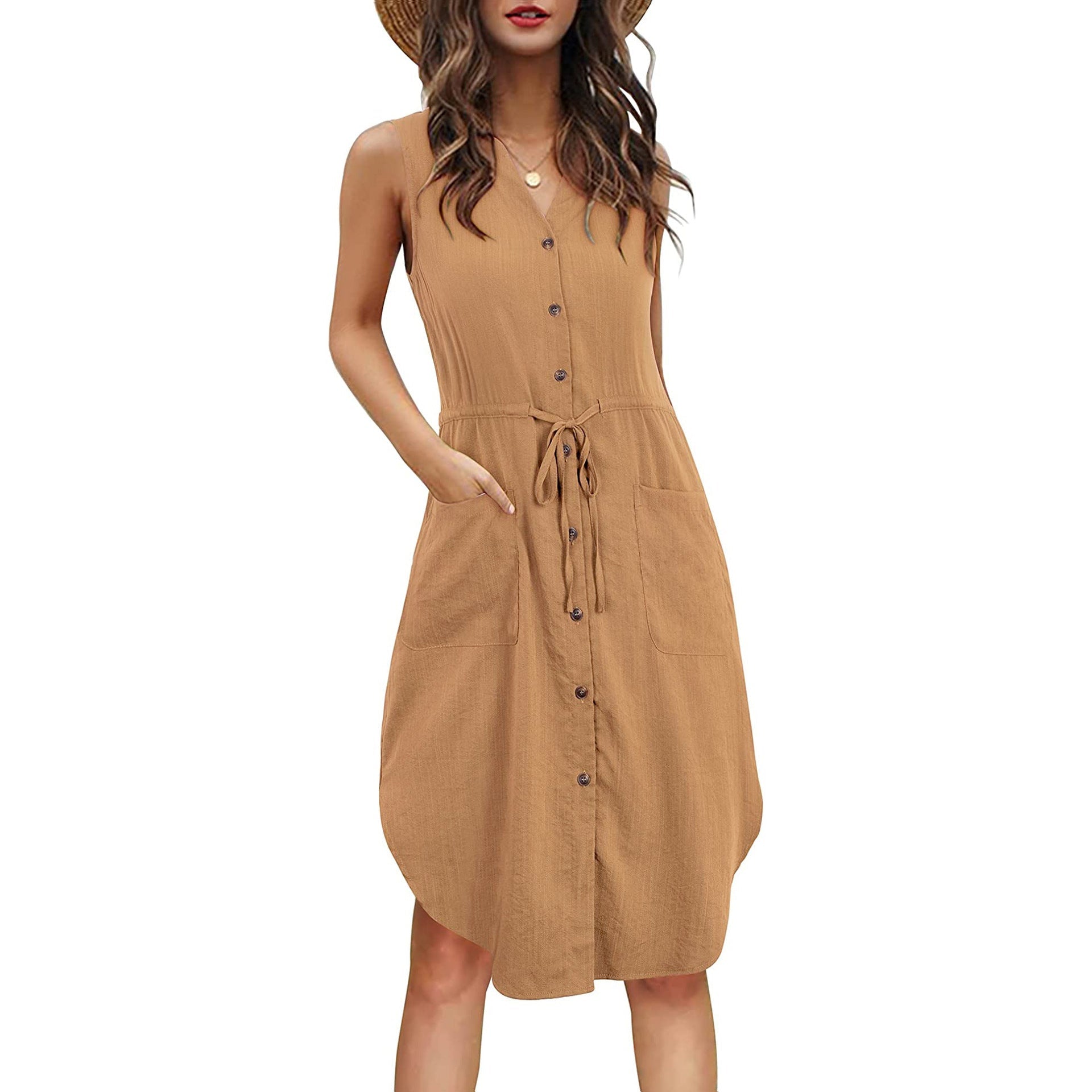 Ärmelloses Kleid mit V-Ausschnitt und Knöpfen und Taschen in 7 Farben S-XXL