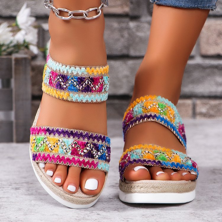Woven Wide Linen Strap Ethnic Sandals with Wedge Heel