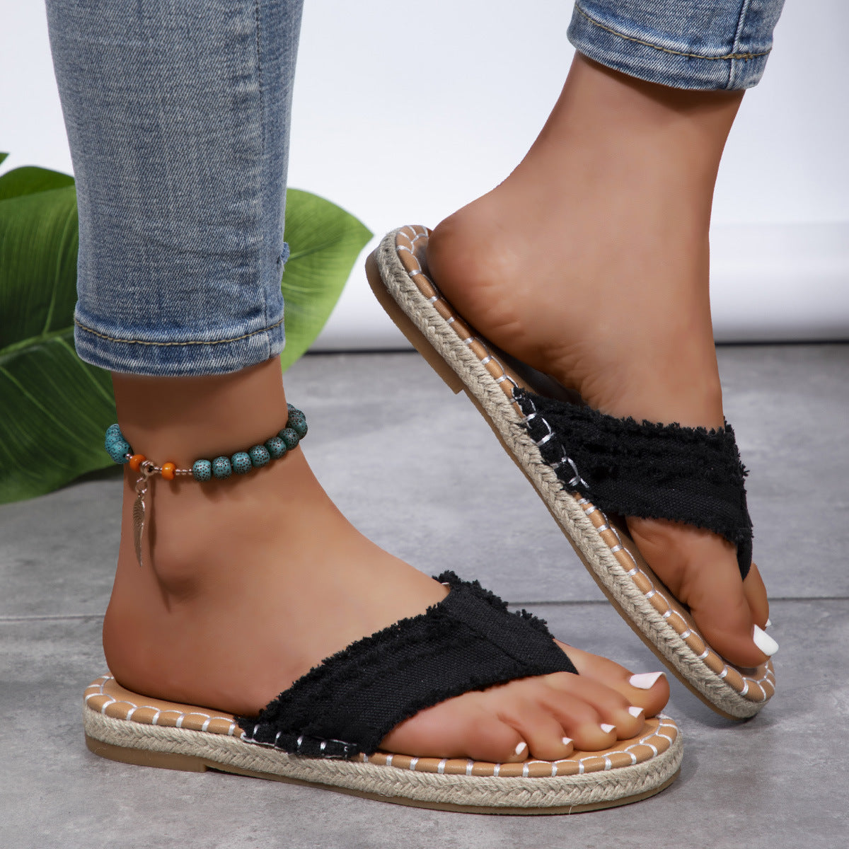 Canvas Flat Heel Flip Flop Thong Sandals