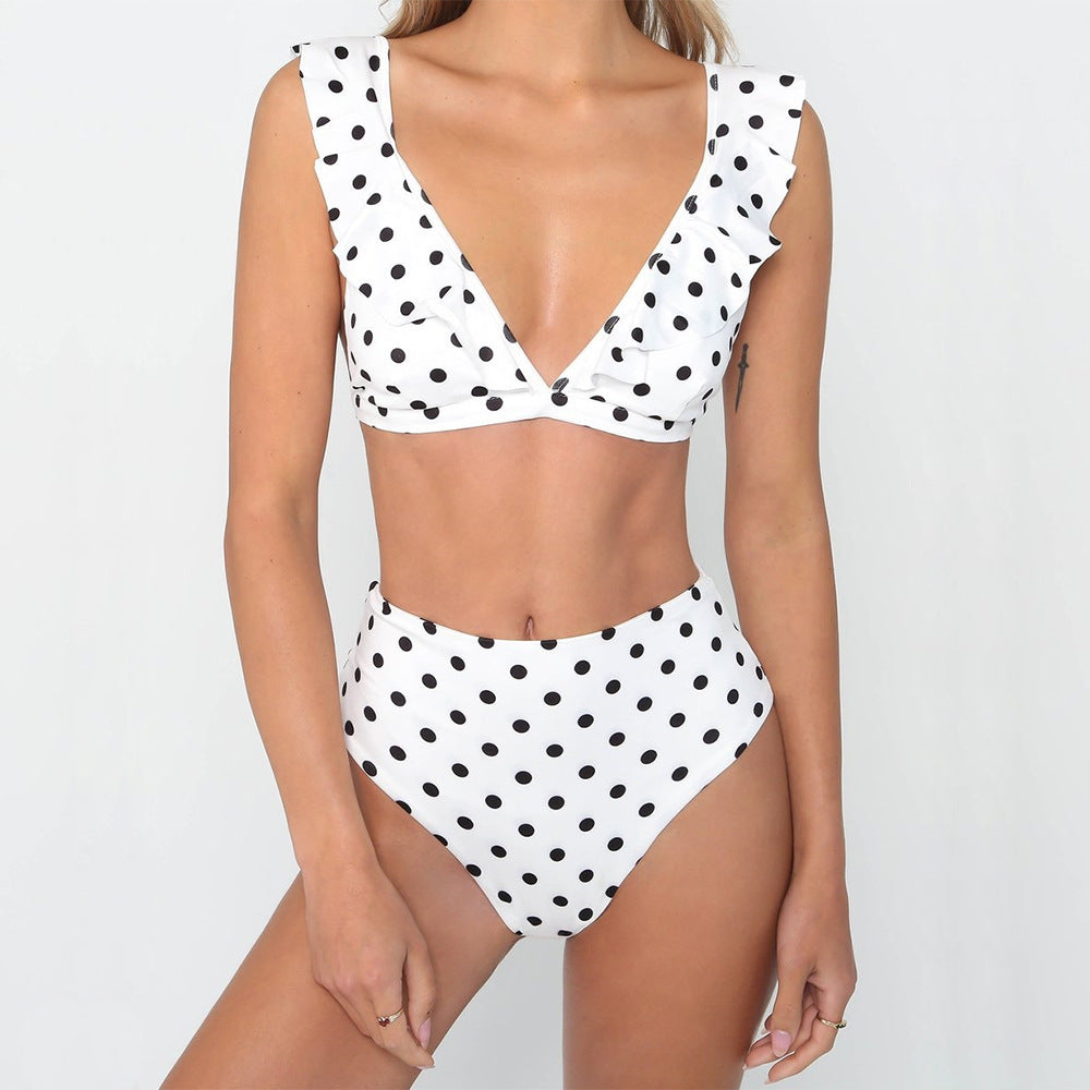 Bikini taille haute à volants et col en V à pois