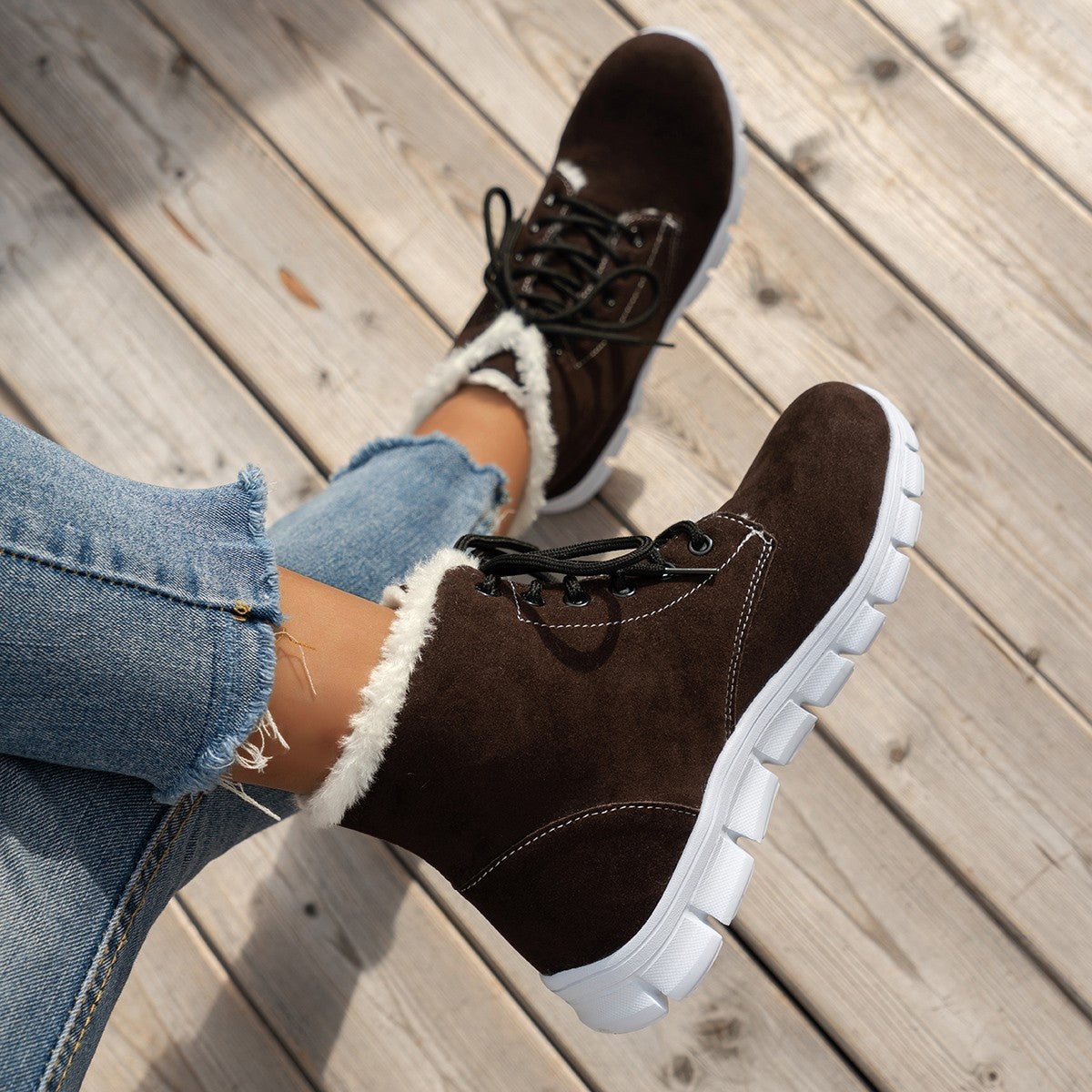 Lace-Up Flat Sole Plush Ankle Boots