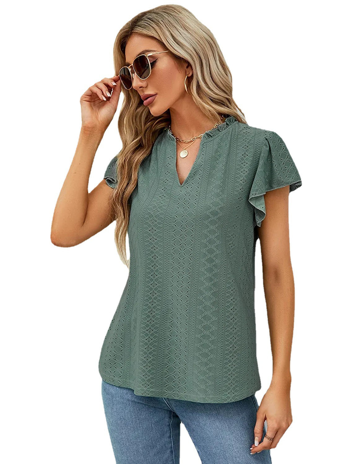 V-Neck Ruffled Short Sleeve Top in 6 Colors S-2XL