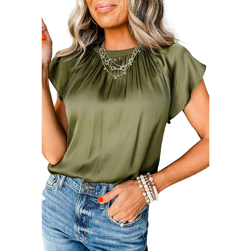 Elegantes Plissee-Top mit kurzen Ärmeln aus Satin in 2 Farben S-XL