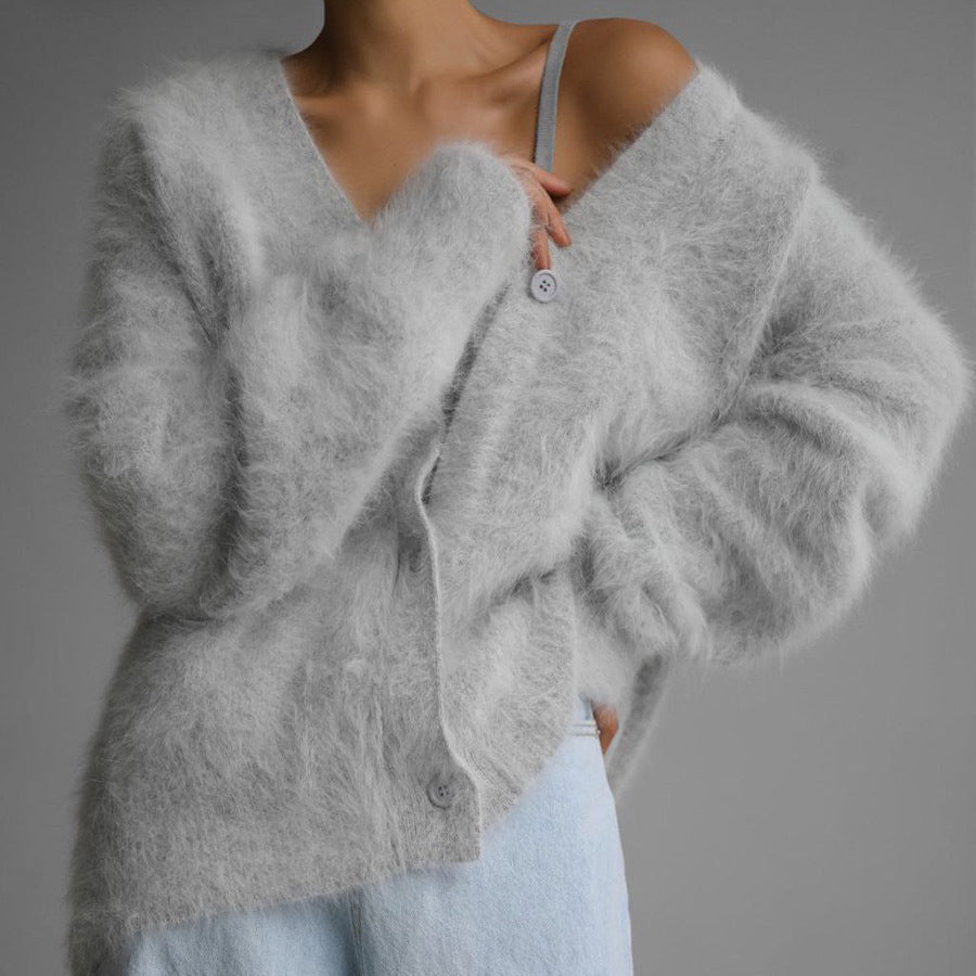 V-Neck Button-Up Fuzzy Cardigan