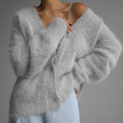 V-Neck Button-Up Fuzzy Cardigan