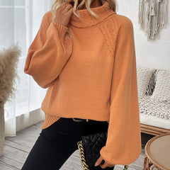 Orange Twist Weave Bubble Sleeve Turtleneck Sweater
