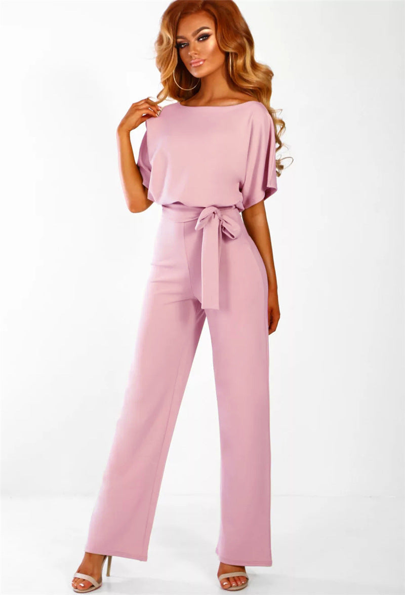 Boat Neck Short Sleeve Jumpsuit with Waist Tie in 7 Colors S-3XL