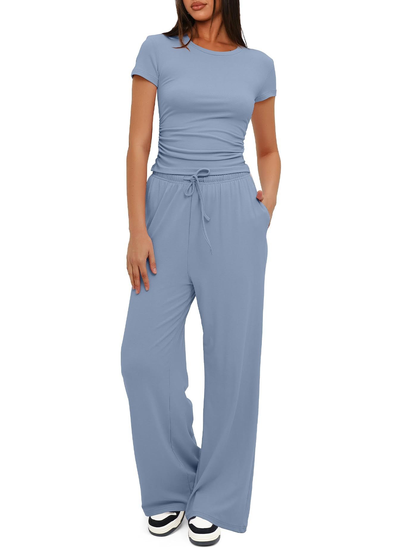 Short Sleeve Top with Matching Drawstring Wide-Leg Pants