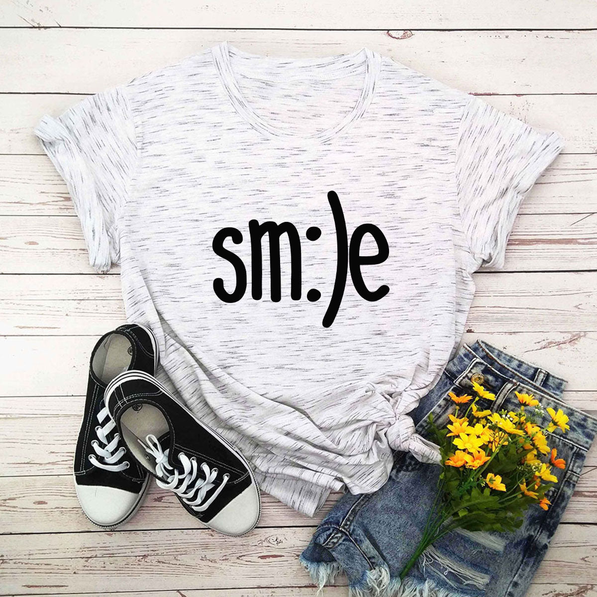 Smile Printed Short Sleeve Cotton Top in 12 Colors S-5XL