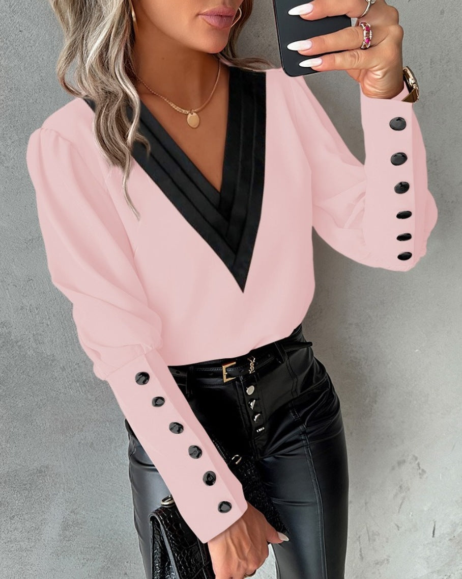 V-Neck Long Sleeve Blouse With Decorative Buttons