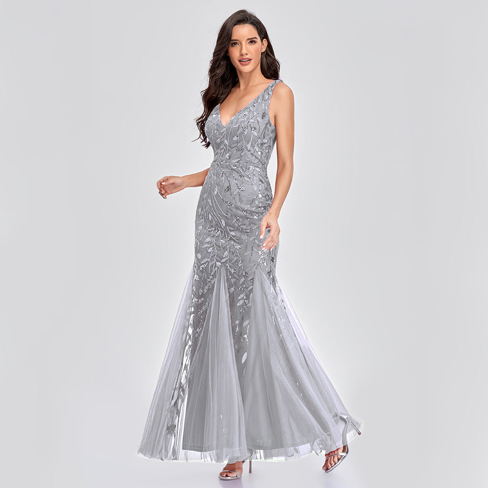 Sleeveless V-Neck Sequin Mermaid Dress in 7 Colors S-XXL
