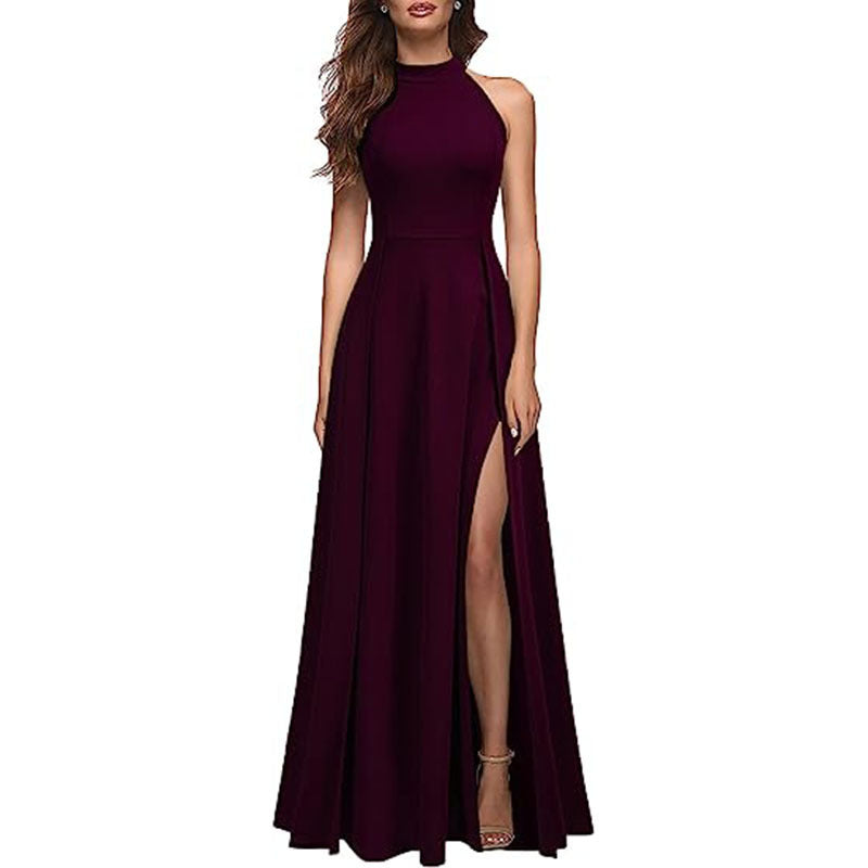 Solid Colour Halter Neck Evening Gown with Leg Slit
