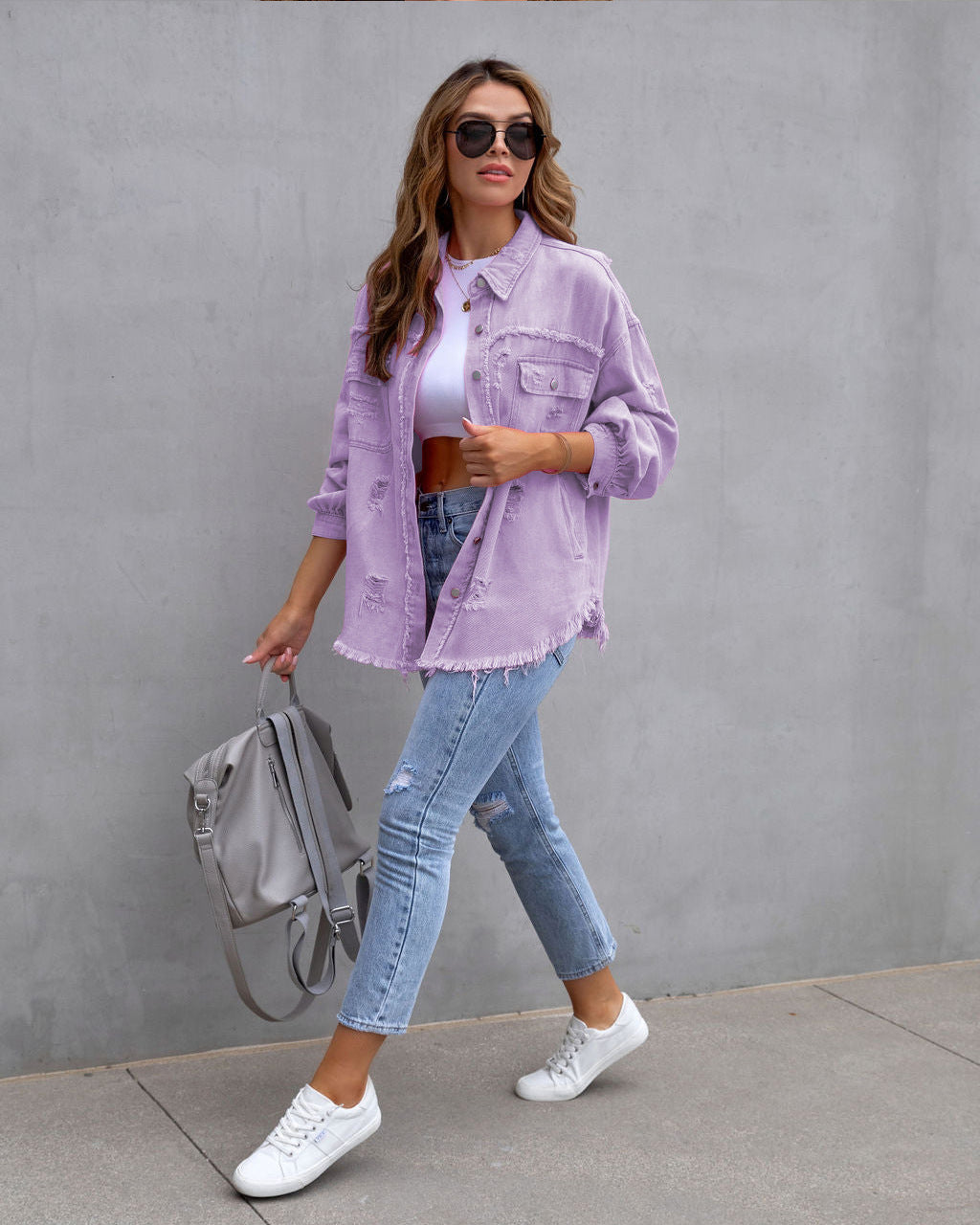 Ripped Button Shirt Jacket with Raw Hem