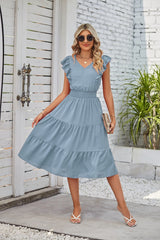 Ruffled Sleeveless V-Neck Midi Dress with Elastic Waist in 7 Colors S-XL