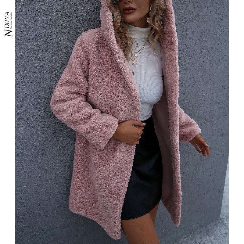 Hooded Mid-Length Plush Coat in 2 Colors S-XL