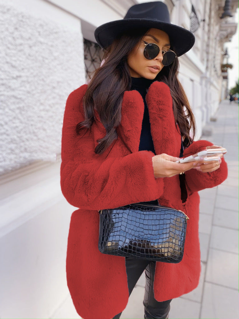 Fake Fur Long Sleeve Open Coat with Lapel in 5 Colors S-5XL