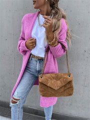 Cardigan en tricot à manches longues et longueur genou de couleur unie