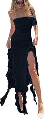Ruffle Strapless Tassel Split Dress