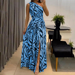 Robe longue imprimée sans manches à une épaule, disponible en 3 couleurs, tailles S à XXL