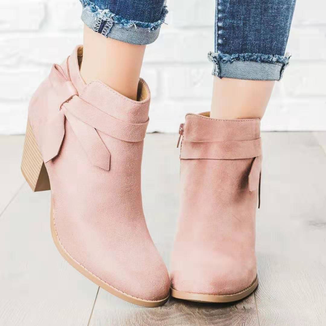 Suede Block Heel Ankle Boots with Side Zipper