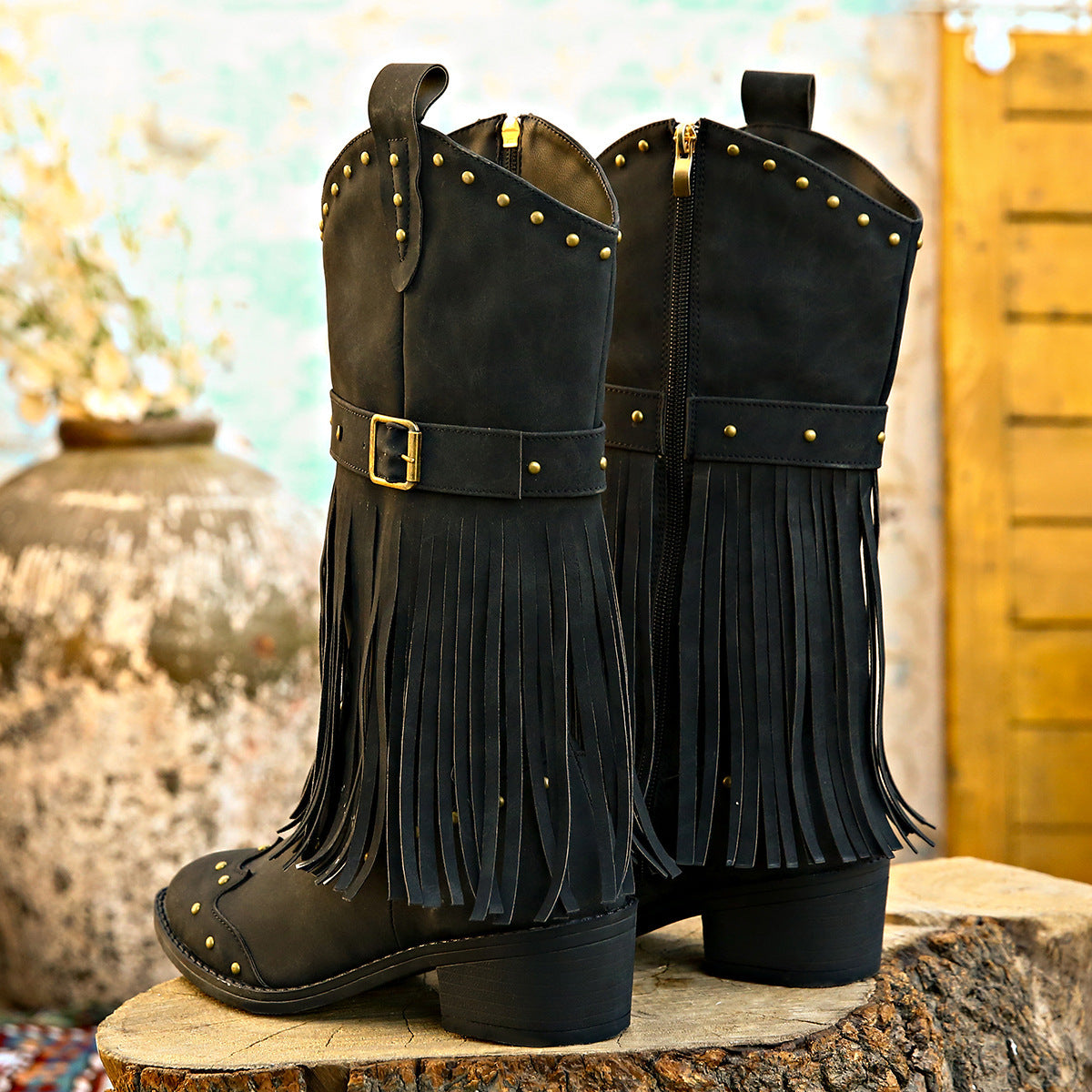 Mid-Calf Cowboy Boots with Tassels in 2 Colors