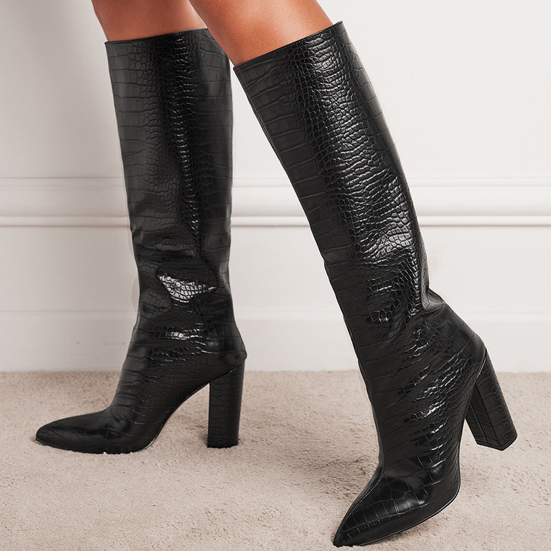 Pointed Toe Block Heel Black Knee High Boots