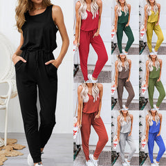 Sleeveless Cuffed Leg Jumpsuit with Waist Tie and Pockets
