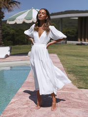 Robe midi unie à col en V et manches bouffantes, disponible en 4 couleurs, tailles 4 à 10 