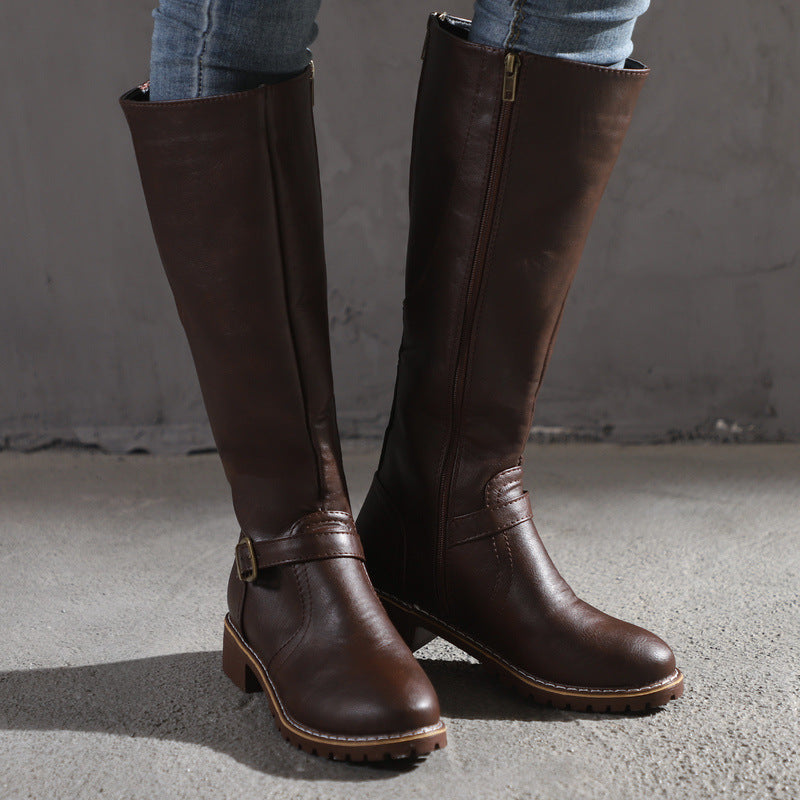 Plush Lined High Boots with Zipper and Buckle in 3 Colors