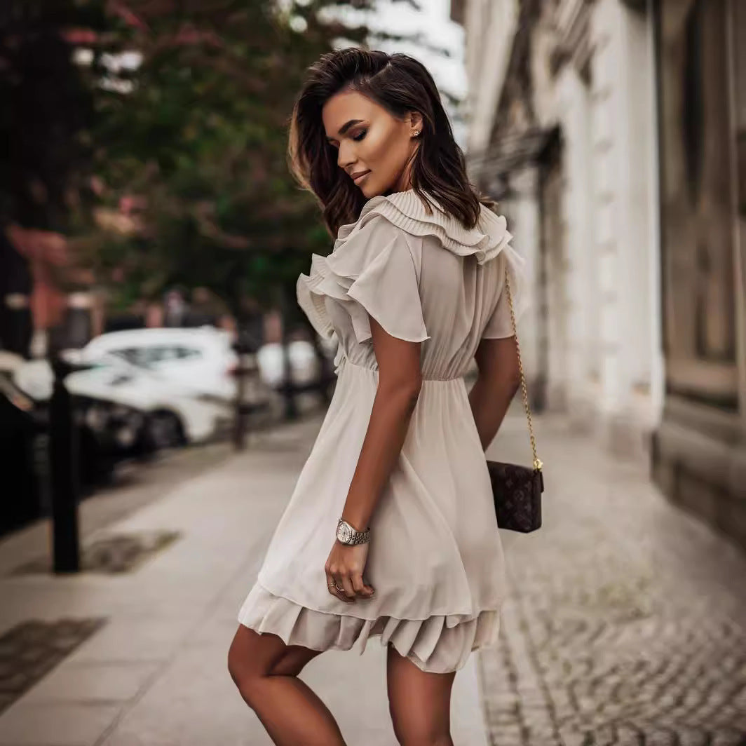 Chiffon Ruffled V-Neck Midi Dress