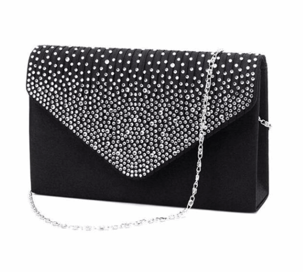 Elegant Satin Evening Bag with Rhinestones and Shoulder Chain in 2 Colors