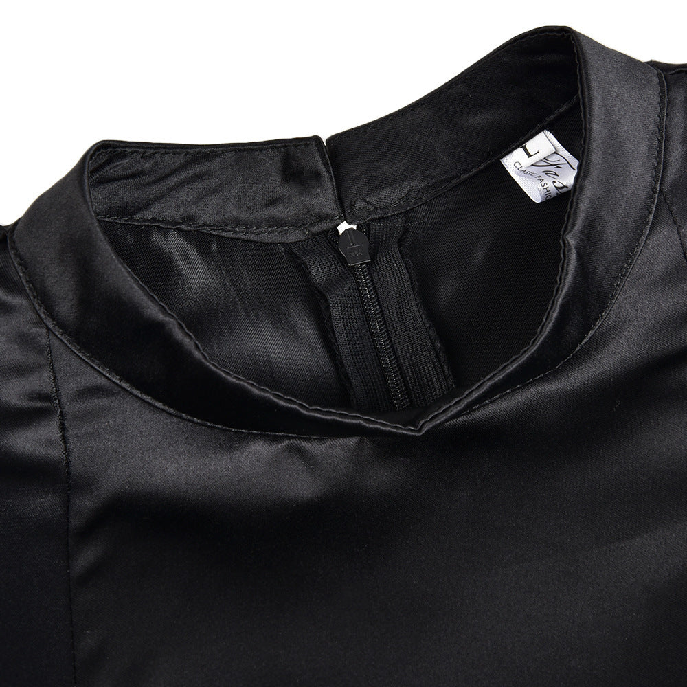 Schwarzes kurzärmliges Midikleid mit hohem Halsausschnitt und Taschen S-XXL