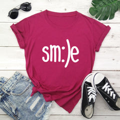 Smile Printed Short Sleeve Cotton Top in 12 Colors S-5XL