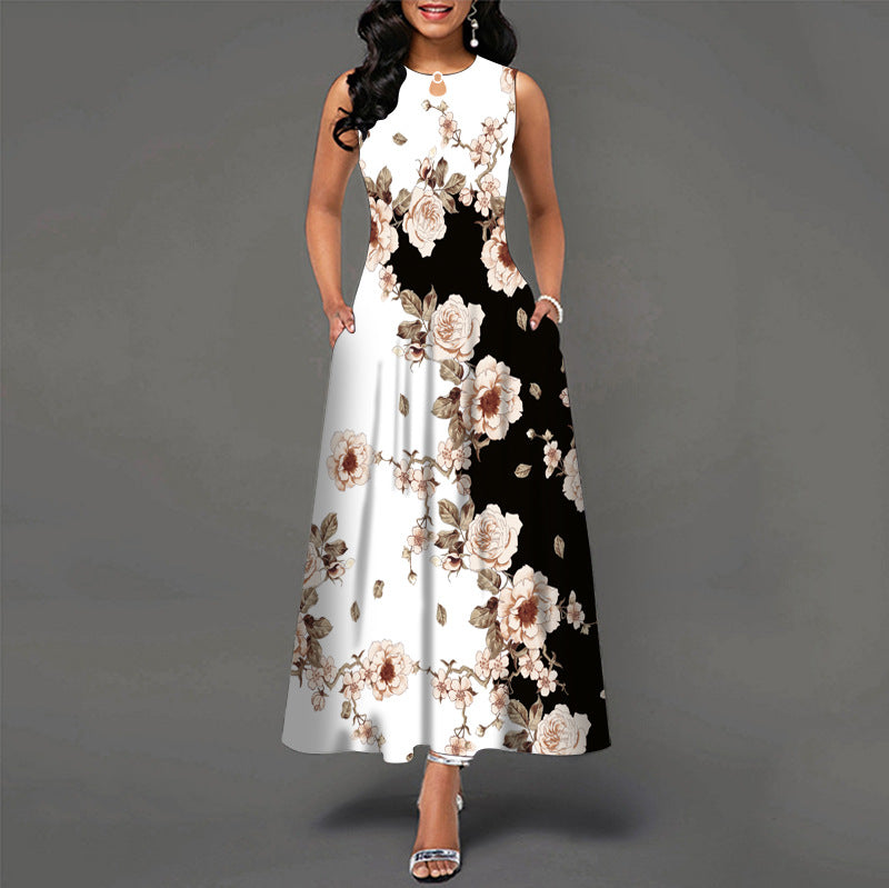 Robe longue sans manches à col rond et poches, 6 motifs disponibles, tailles S à 5XL