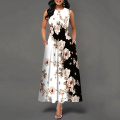 Robe longue sans manches à col rond et poches, 6 motifs disponibles, tailles S à 5XL