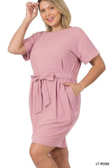 Plus Size Round Neck Midi Dress with Waist Tie and Side Pockets 1X-3X