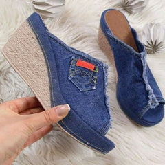 Denim High Heel Wedge Sandals in 2 Colors