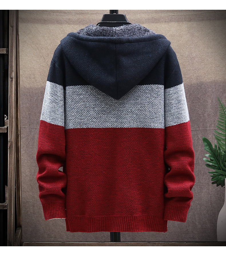 Men's  Colorblock Fleece Lined Sweater Cardigan with Hood in 3 Colors M-3XL