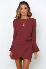Long Sleeve Ruffled Dress with Flared Sleeves and Side Bow in 8 Colors S-XL