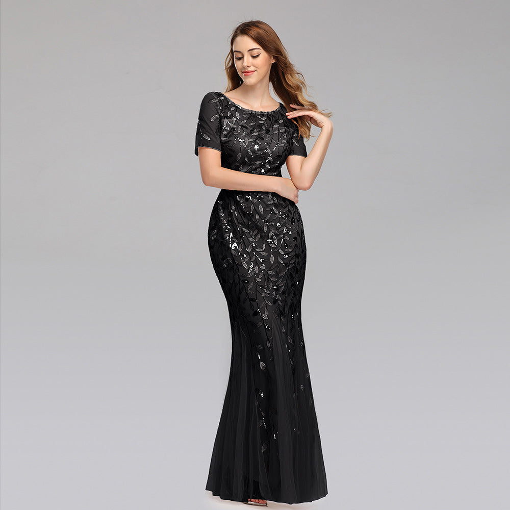 Elegant Short Sleeve Evening Gown with Chiffon and Lace Overlay