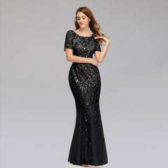 Elegant Short Sleeve Evening Gown with Chiffon and Lace Overlay