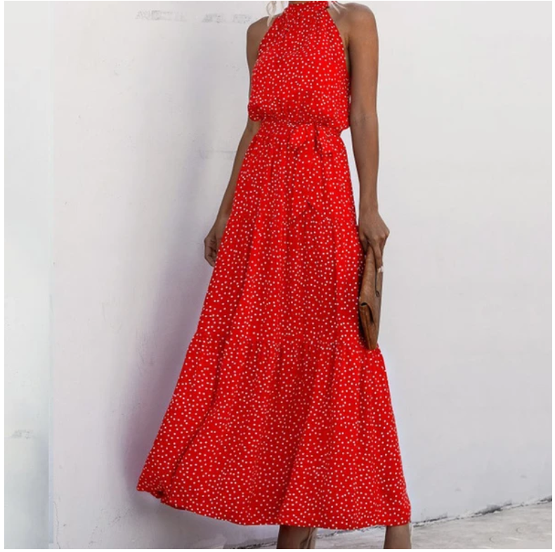 Sleeveless Halter Neck Maxi Dress with Waist Tie in 10 Colors S-XL