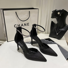Satin Stilettos with Pointed Toe and Ankle Strap