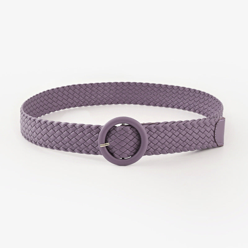 Woven Solid Colour Belt with Round Buckle