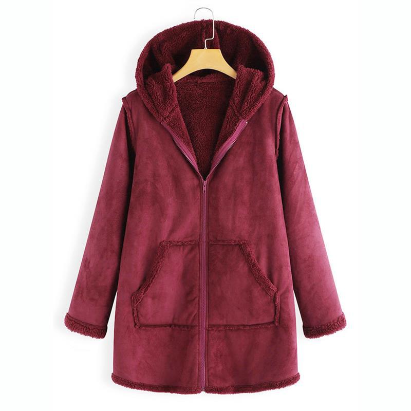 Plush Hooded Coat with Pockets in 2 Colors M-5XL