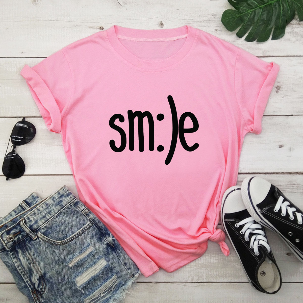 Smile Printed Short Sleeve Cotton Top in 12 Colors S-5XL