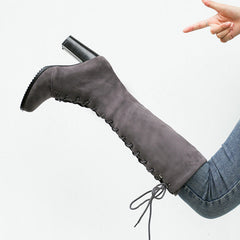 Suede Front Lace High Heel Knee Length Boots